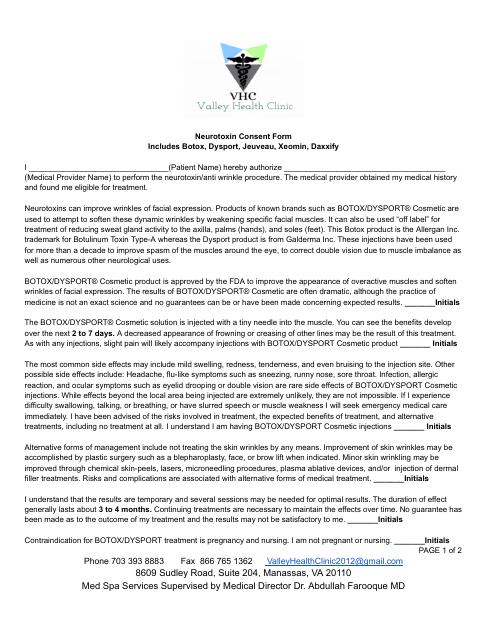 First page preview of the Neurotoxin consent — Botox®, Dysport®, Xeomin®