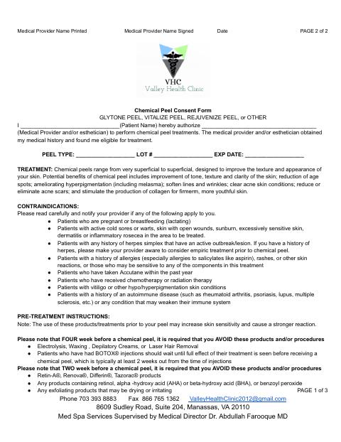 First page preview of the Chemical peel consent — Glytone, Vitalize, Rejuvenize