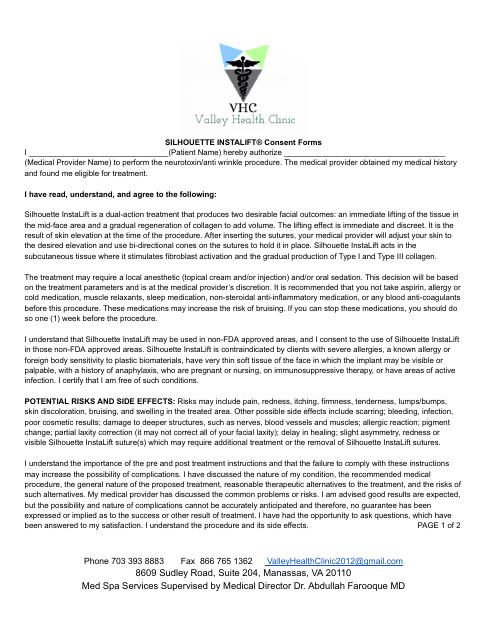 First page preview of the Silhouette InstaLift® consent
