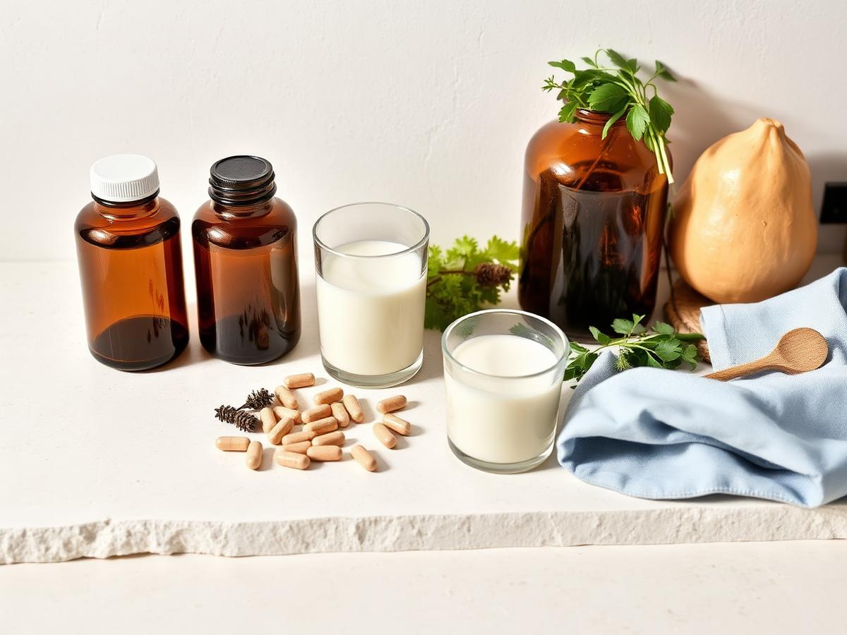 Probiotic capsules and fermented foods arranged on linen