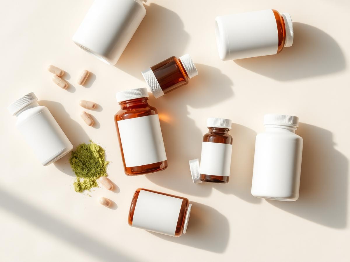 Curated supplement bottles on a warm neutral background